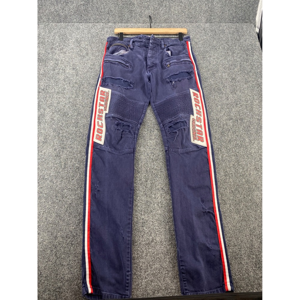 Rockstar Original Biker Jeans Mens 32 Distressed Moto Racing Navy Blue Slim Fit